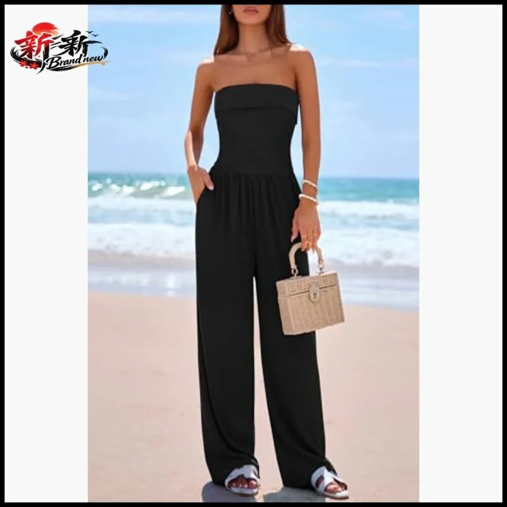 Strapless Wide Leg Jumpsuit, Polyester Elastane Knit, Formal Casual Romper